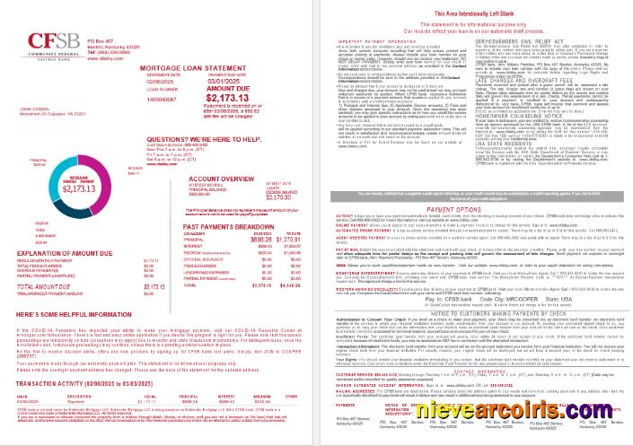 USA CFSB bank mortgage loan statement, 4 pages 1-2